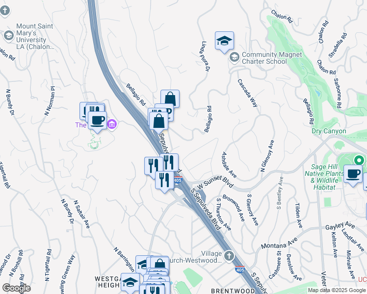 map of restaurants, bars, coffee shops, grocery stores, and more near 11452 Thurston Circle in Los Angeles