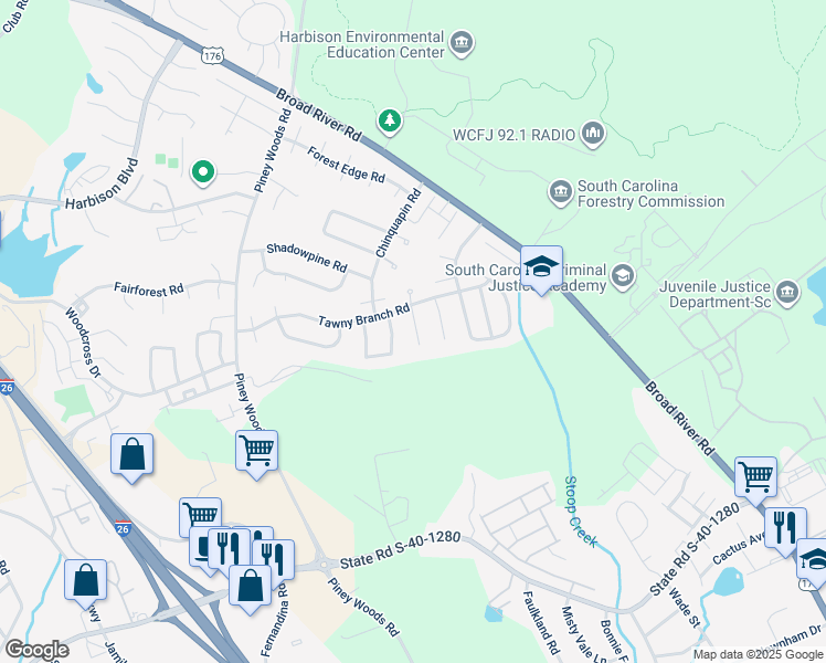 map of restaurants, bars, coffee shops, grocery stores, and more near 25 Battery Walk Court in Columbia