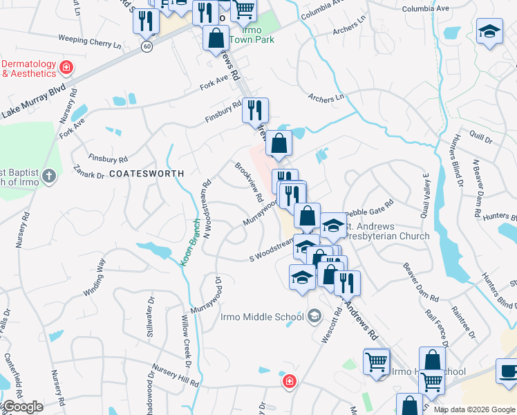 map of restaurants, bars, coffee shops, grocery stores, and more near 1405 Creekview Drive in Columbia