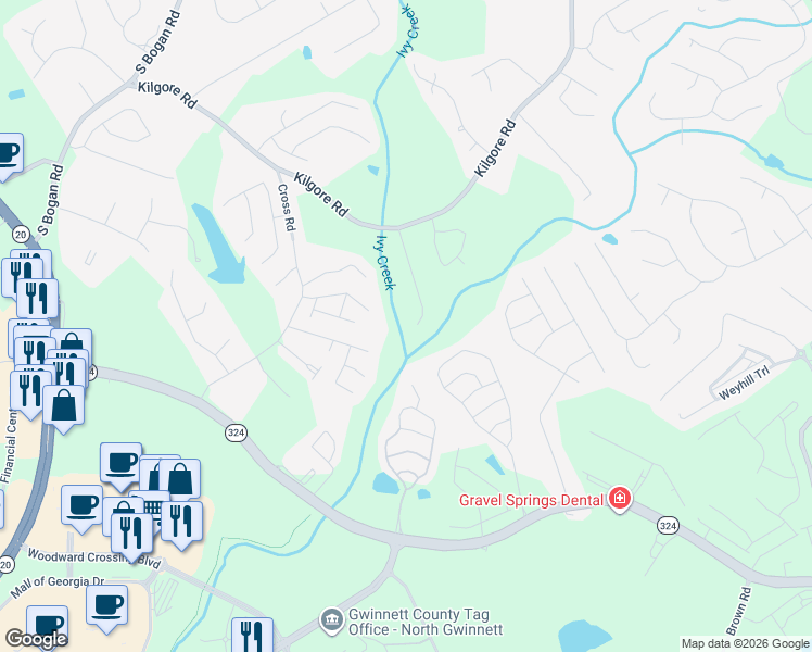 map of restaurants, bars, coffee shops, grocery stores, and more near 3453 Huddlestone Lane Northeast in Buford