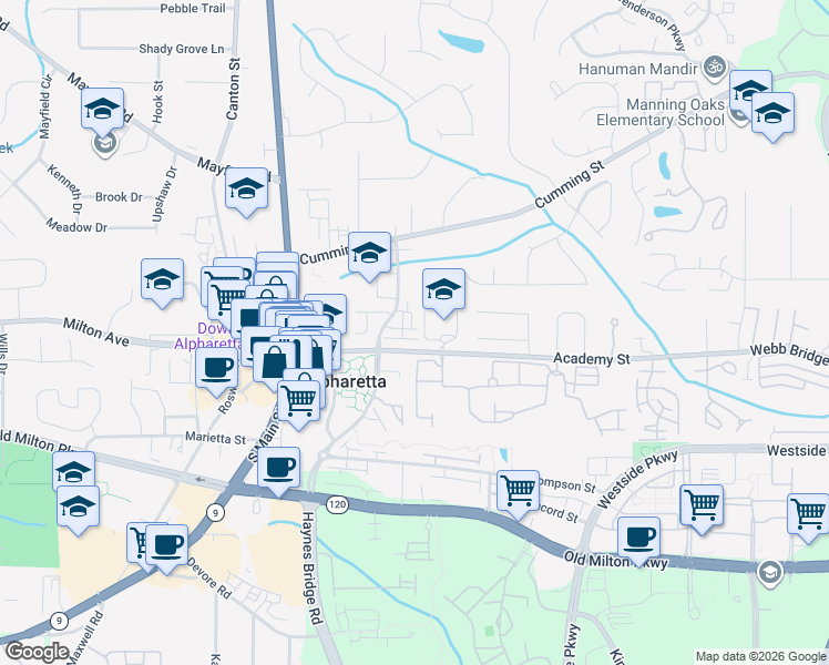 map of restaurants, bars, coffee shops, grocery stores, and more near 150 Academy Street in Alpharetta