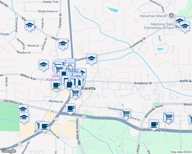 map of restaurants, bars, coffee shops, grocery stores, and more near 97 Academy Street in Alpharetta
