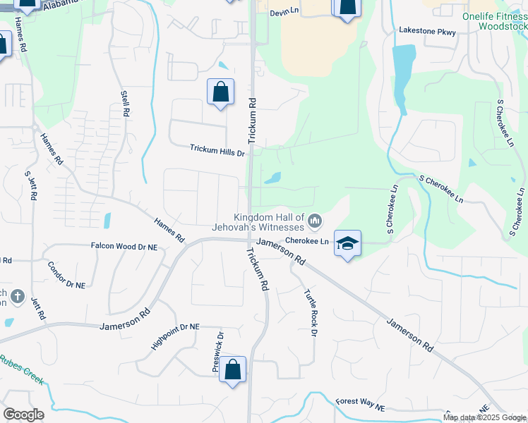 map of restaurants, bars, coffee shops, grocery stores, and more near 214 Wild Ginger Bend in Woodstock