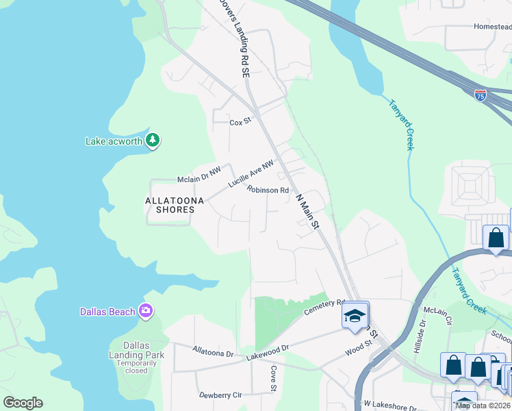 map of restaurants, bars, coffee shops, grocery stores, and more near 4963 Hampstead Lane in Acworth