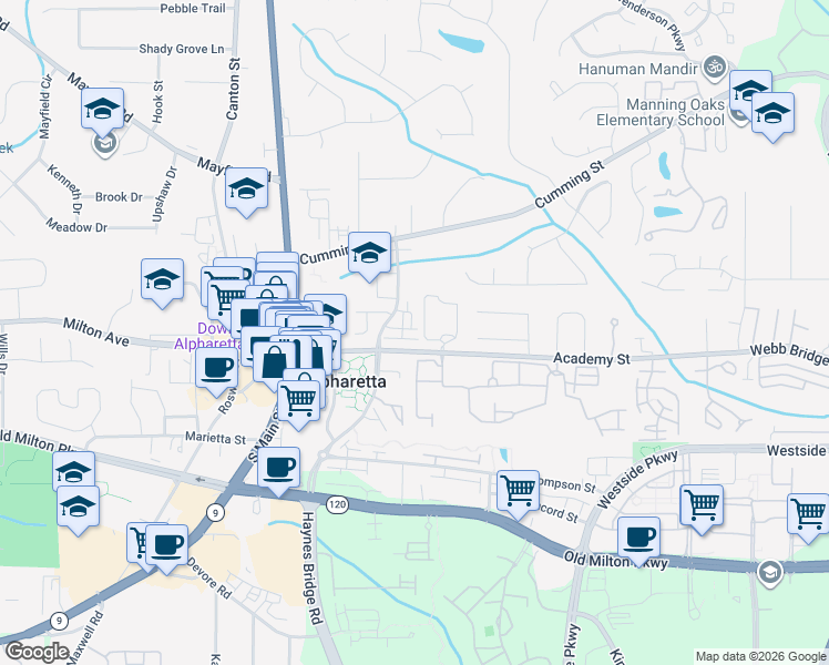 map of restaurants, bars, coffee shops, grocery stores, and more near 150 Academy Street in Alpharetta