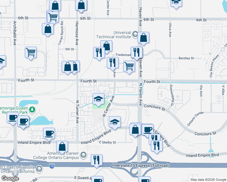 map of restaurants, bars, coffee shops, grocery stores, and more near 3333 Concours Street in Ontario