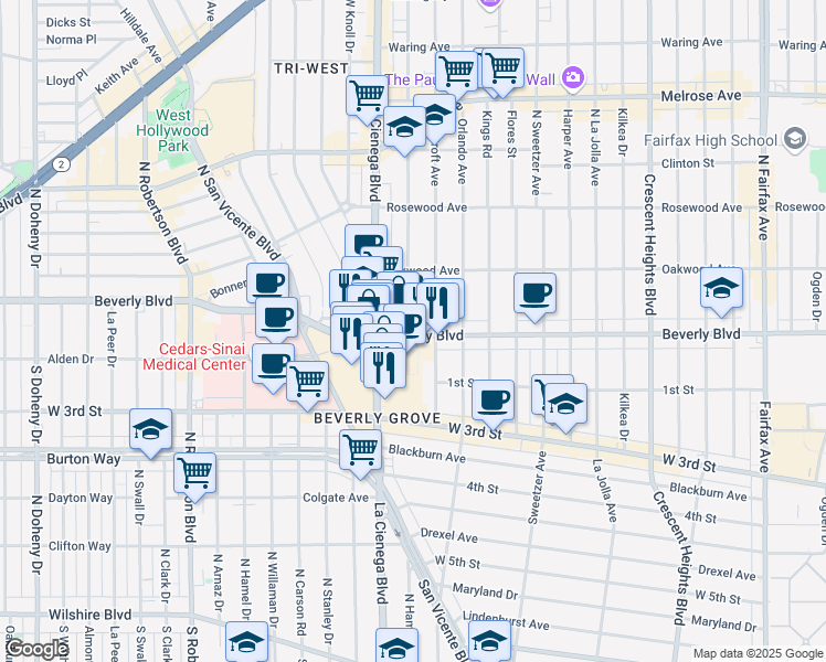 map of restaurants, bars, coffee shops, grocery stores, and more near 8455 Beverly Boulevard in Los Angeles