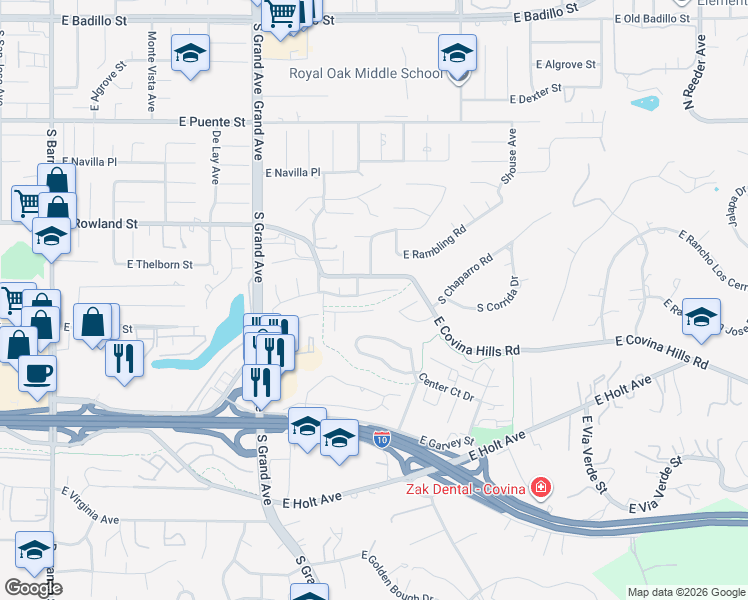 map of restaurants, bars, coffee shops, grocery stores, and more near 1114 East Walnut Creek Road in Covina