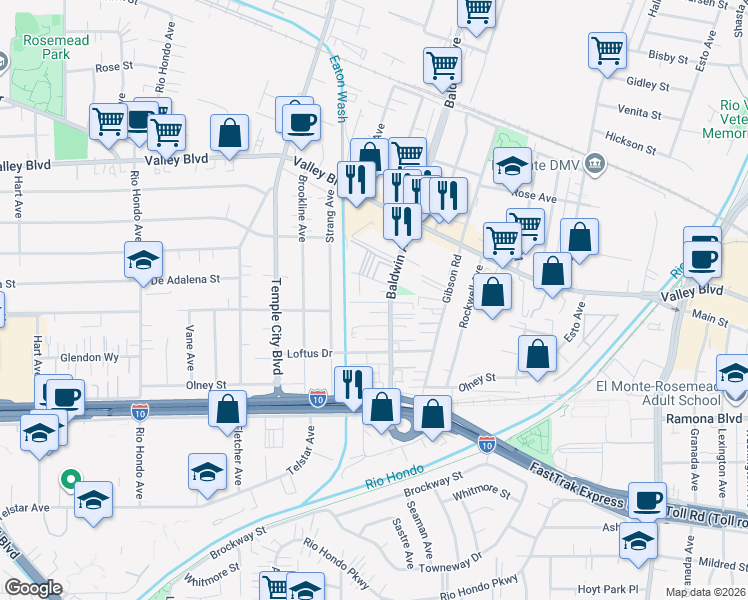 map of restaurants, bars, coffee shops, grocery stores, and more near 9925 Woodrich Lane in El Monte