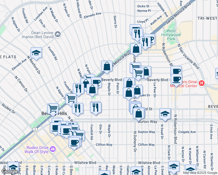 map of restaurants, bars, coffee shops, grocery stores, and more near 407 North Maple Drive in Beverly Hills