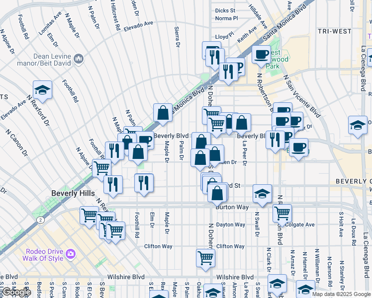 map of restaurants, bars, coffee shops, grocery stores, and more near 9183 Alden Drive in Beverly Hills