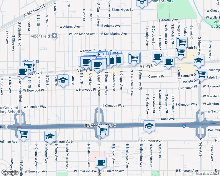 map of restaurants, bars, coffee shops, grocery stores, and more near in Alhambra