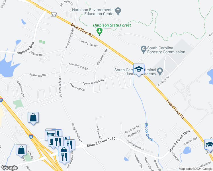 map of restaurants, bars, coffee shops, grocery stores, and more near 9b Battery Walk Court in Columbia