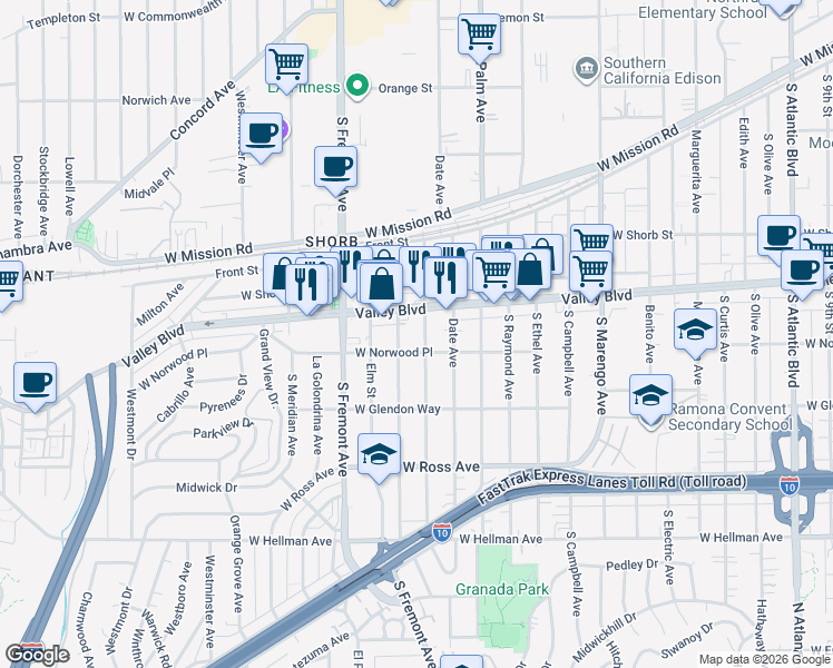 map of restaurants, bars, coffee shops, grocery stores, and more near 2304 West Norwood Place in Alhambra