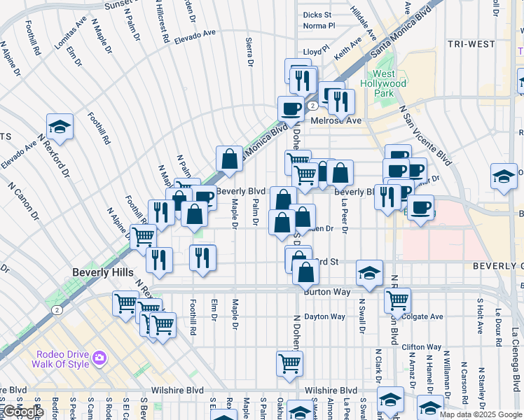 map of restaurants, bars, coffee shops, grocery stores, and more near 412 North Palm Drive in Beverly Hills