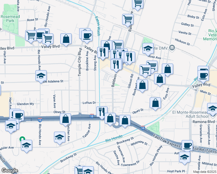 map of restaurants, bars, coffee shops, grocery stores, and more near 9925 Woodrich Lane in El Monte