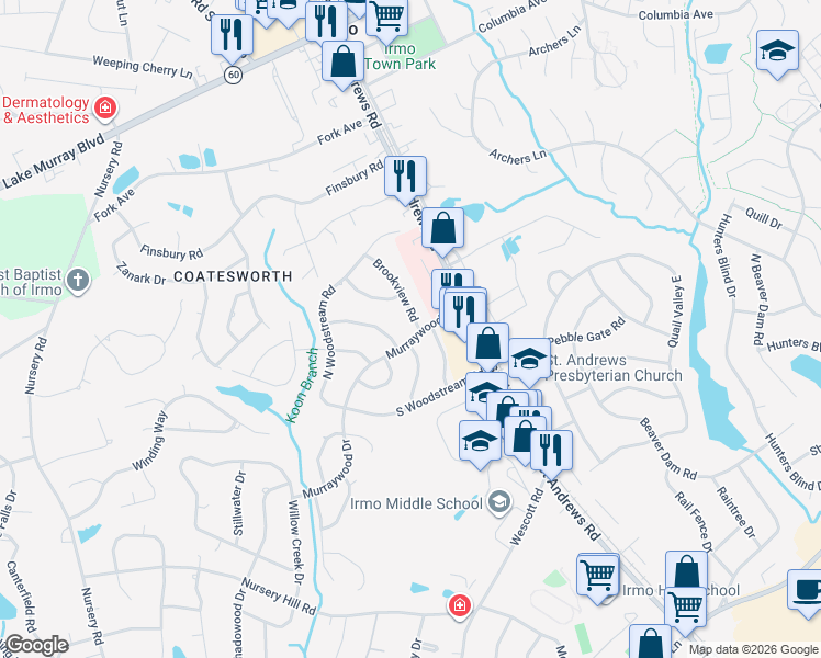 map of restaurants, bars, coffee shops, grocery stores, and more near 1405 Creekview Drive in Columbia
