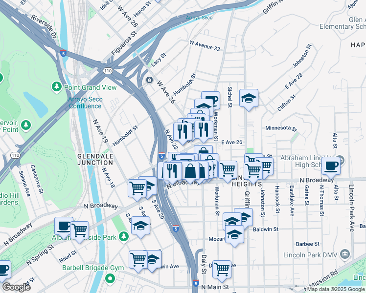 map of restaurants, bars, coffee shops, grocery stores, and more near 2220 Pasadena Avenue in Los Angeles