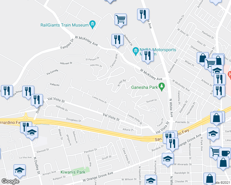 map of restaurants, bars, coffee shops, grocery stores, and more near Hillcrest Drive in Pomona