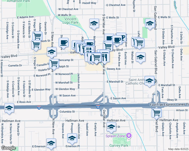 map of restaurants, bars, coffee shops, grocery stores, and more near 132 West Norwood Place in San Gabriel