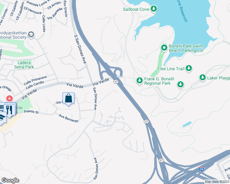 map of restaurants, bars, coffee shops, grocery stores, and more near 236 Calle Rosa in San Dimas