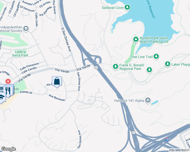 map of restaurants, bars, coffee shops, grocery stores, and more near 236 Calle Rosa in San Dimas