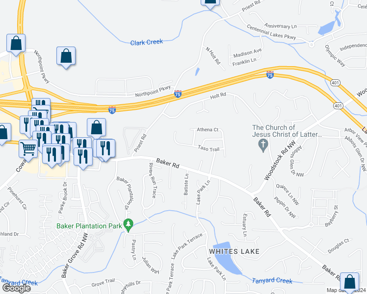 map of restaurants, bars, coffee shops, grocery stores, and more near 1044 Taso Trail in Acworth