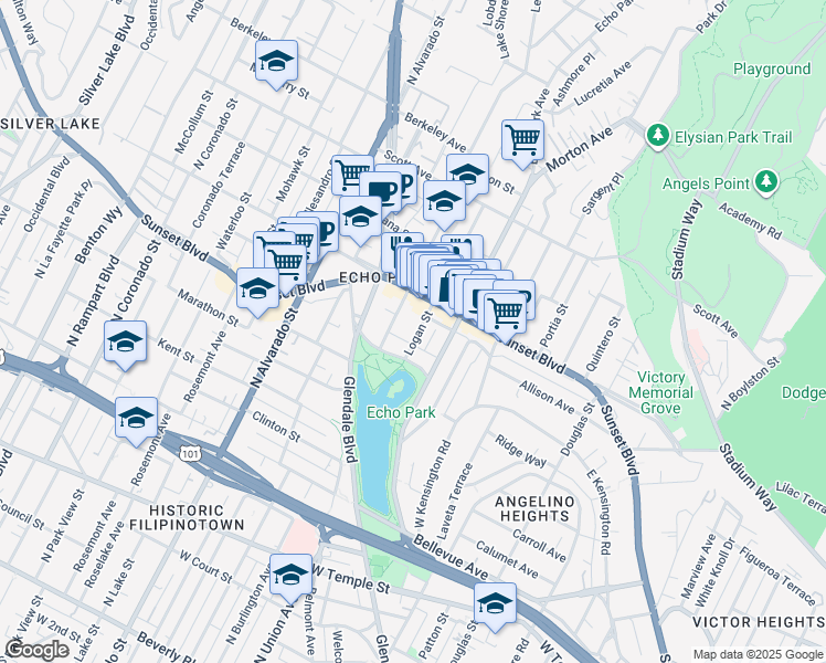 map of restaurants, bars, coffee shops, grocery stores, and more near 1129 Logan Street in Los Angeles