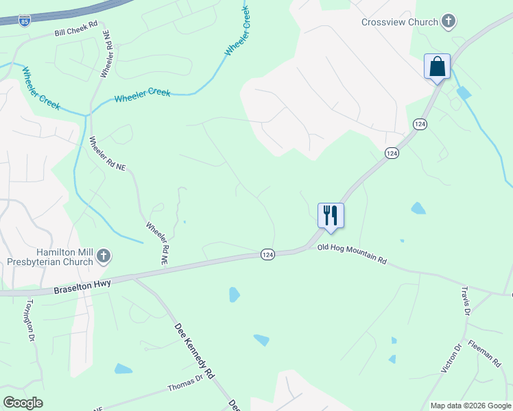 map of restaurants, bars, coffee shops, grocery stores, and more near 970 Chateau Forest Road in Hoschton