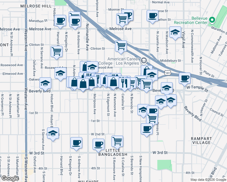 map of restaurants, bars, coffee shops, grocery stores, and more near 321 North Kenmore Avenue in Los Angeles