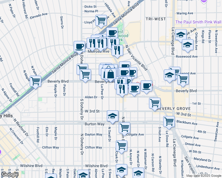 map of restaurants, bars, coffee shops, grocery stores, and more near 132 North Swall Drive in West Hollywood