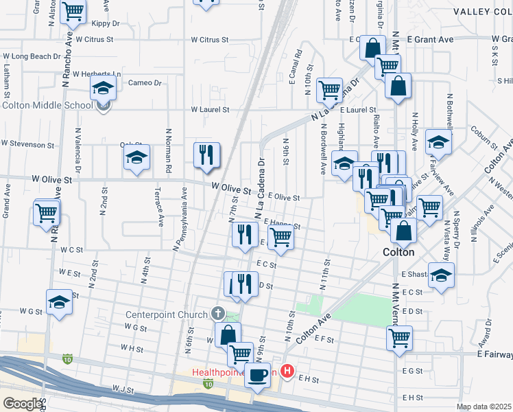 map of restaurants, bars, coffee shops, grocery stores, and more near in Colton