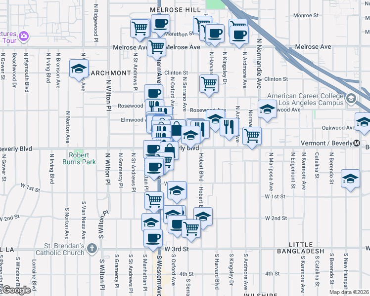 map of restaurants, bars, coffee shops, grocery stores, and more near North Serrano Avenue in Los Angeles