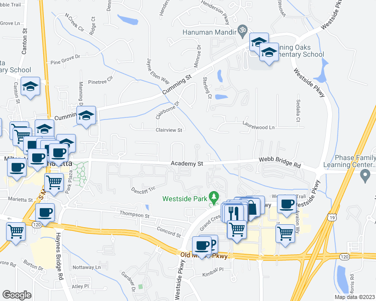 map of restaurants, bars, coffee shops, grocery stores, and more near 5043 Village Green Way in Alpharetta