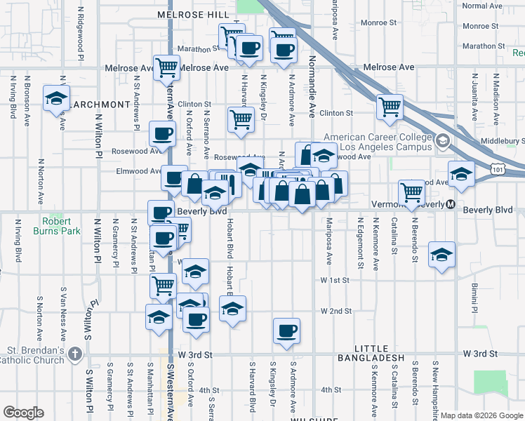 map of restaurants, bars, coffee shops, grocery stores, and more near in Los Angeles