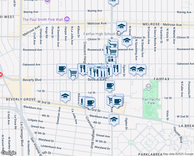 map of restaurants, bars, coffee shops, grocery stores, and more near 326 North Edinburgh Avenue in Los Angeles