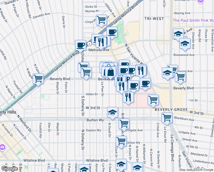 map of restaurants, bars, coffee shops, grocery stores, and more near 135 North Swall Drive in West Hollywood