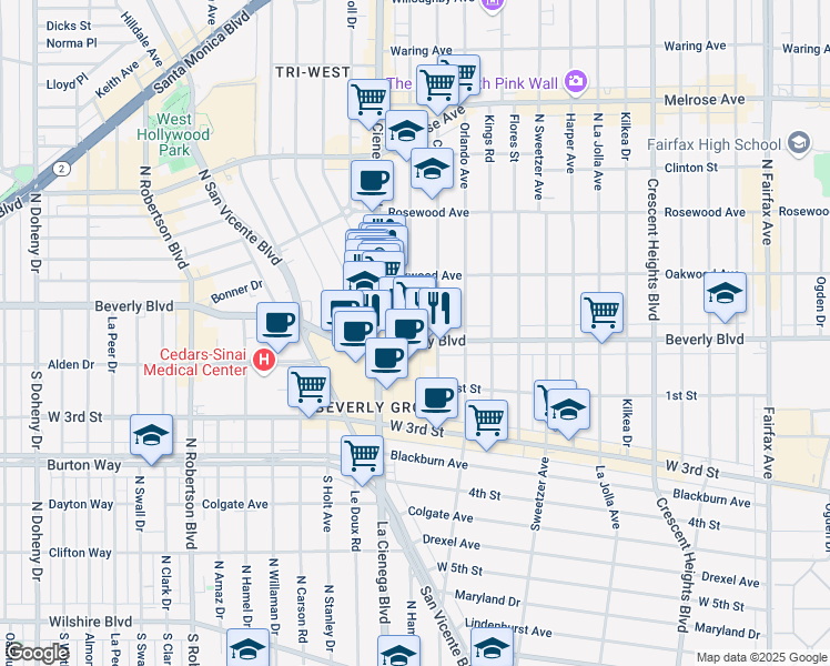 map of restaurants, bars, coffee shops, grocery stores, and more near 333 North Alfred Street in Los Angeles