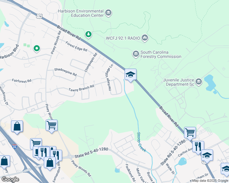 map of restaurants, bars, coffee shops, grocery stores, and more near 17 Hampton Oaks Place in Columbia