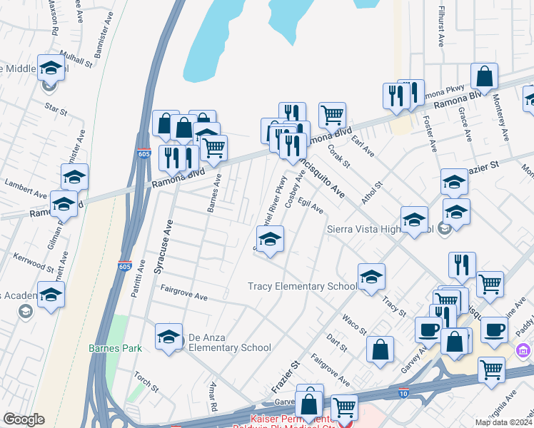 map of restaurants, bars, coffee shops, grocery stores, and more near 3517 San Gabriel River Parkway in Baldwin Park