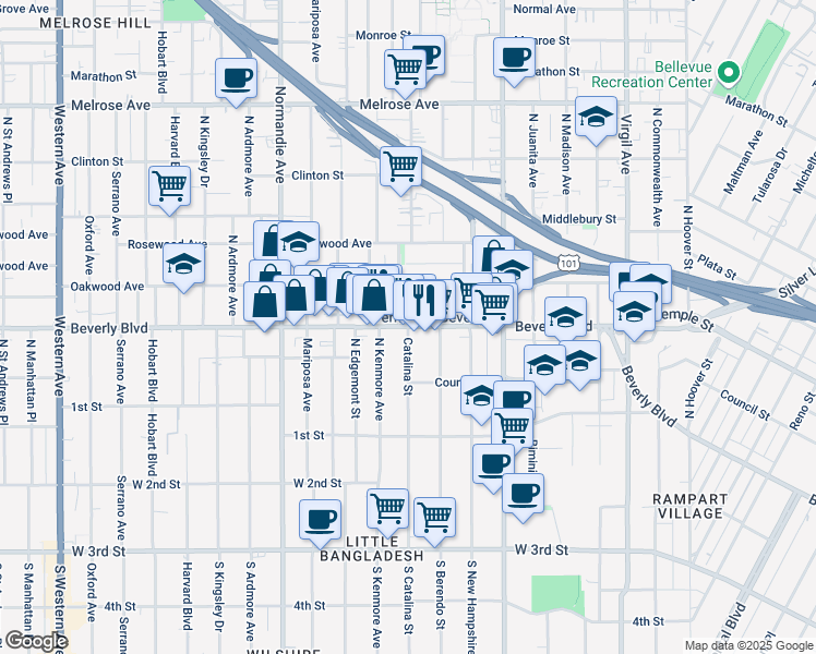 map of restaurants, bars, coffee shops, grocery stores, and more near Beverly Boulevard & North Catalina Street in Los Angeles