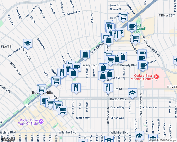 map of restaurants, bars, coffee shops, grocery stores, and more near 412 North Maple Drive in Beverly Hills