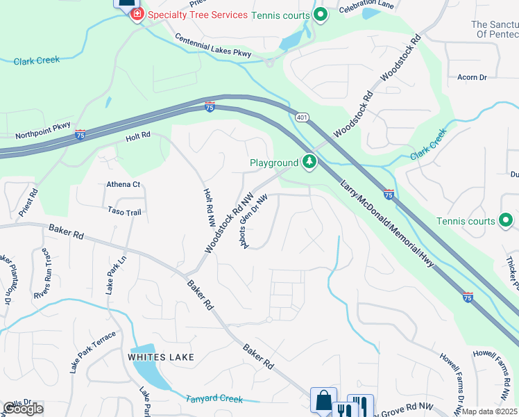 map of restaurants, bars, coffee shops, grocery stores, and more near 2608 Abbots Glen Drive Northwest in Acworth