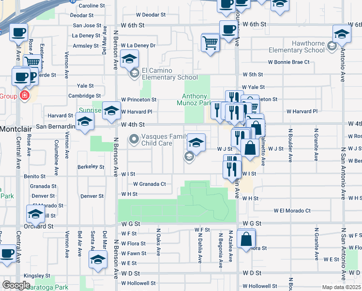 map of restaurants, bars, coffee shops, grocery stores, and more near 1027 North Elderberry Avenue in Ontario