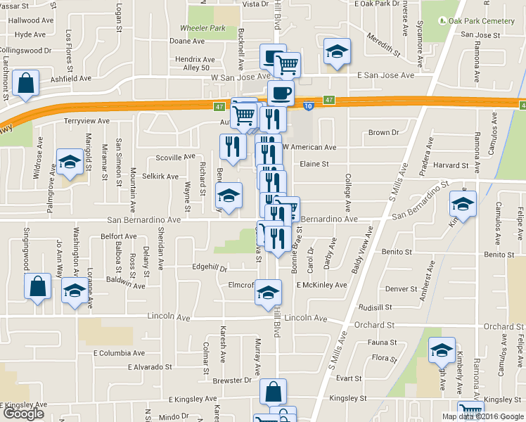 map of restaurants, bars, coffee shops, grocery stores, and more near 1760 Cordova Street in Pomona