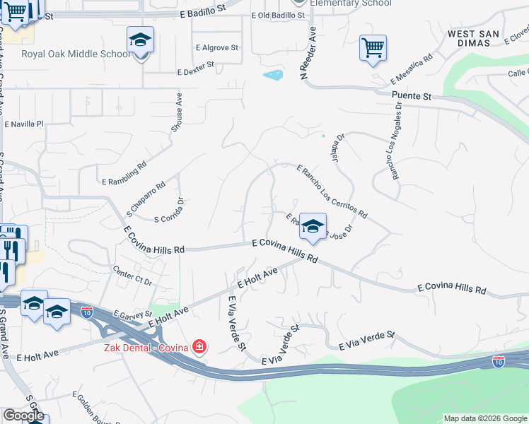 map of restaurants, bars, coffee shops, grocery stores, and more near 3331 Rancho Del Monico Road in Covina