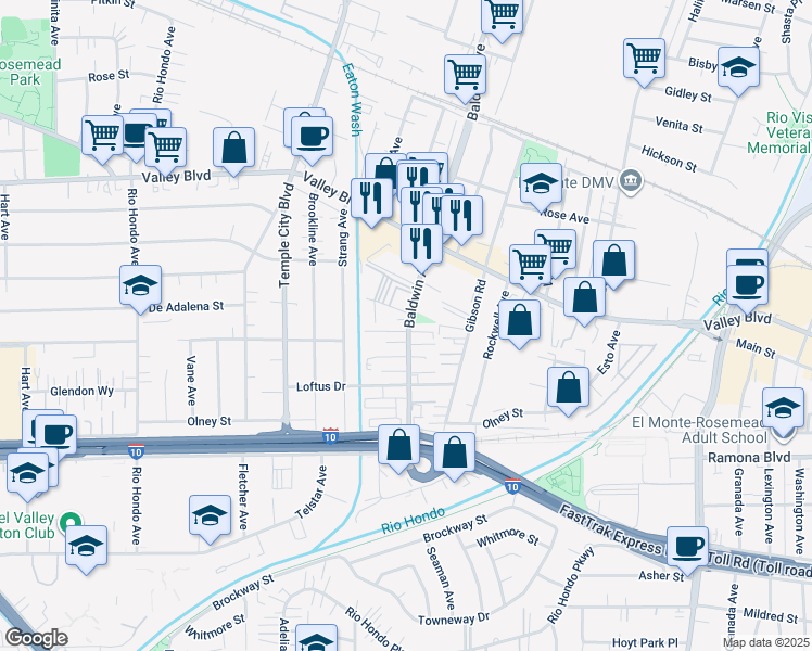 map of restaurants, bars, coffee shops, grocery stores, and more near 9946 Cedar Lane in El Monte