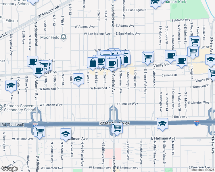 map of restaurants, bars, coffee shops, grocery stores, and more near 1507 South Garfield Avenue in Alhambra