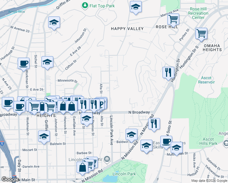 map of restaurants, bars, coffee shops, grocery stores, and more near 2611 Sierra Street in Los Angeles