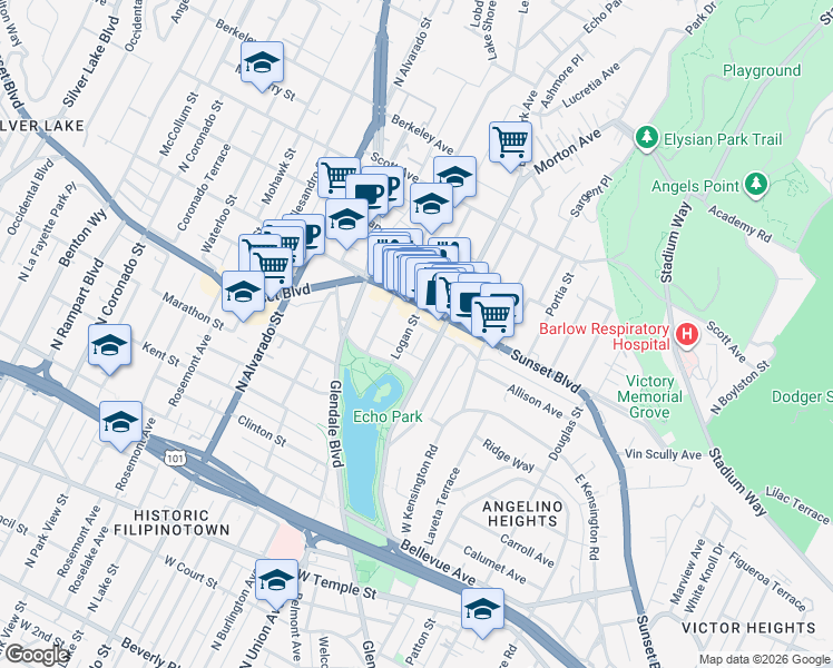 map of restaurants, bars, coffee shops, grocery stores, and more near 1156 Logan Street in Los Angeles